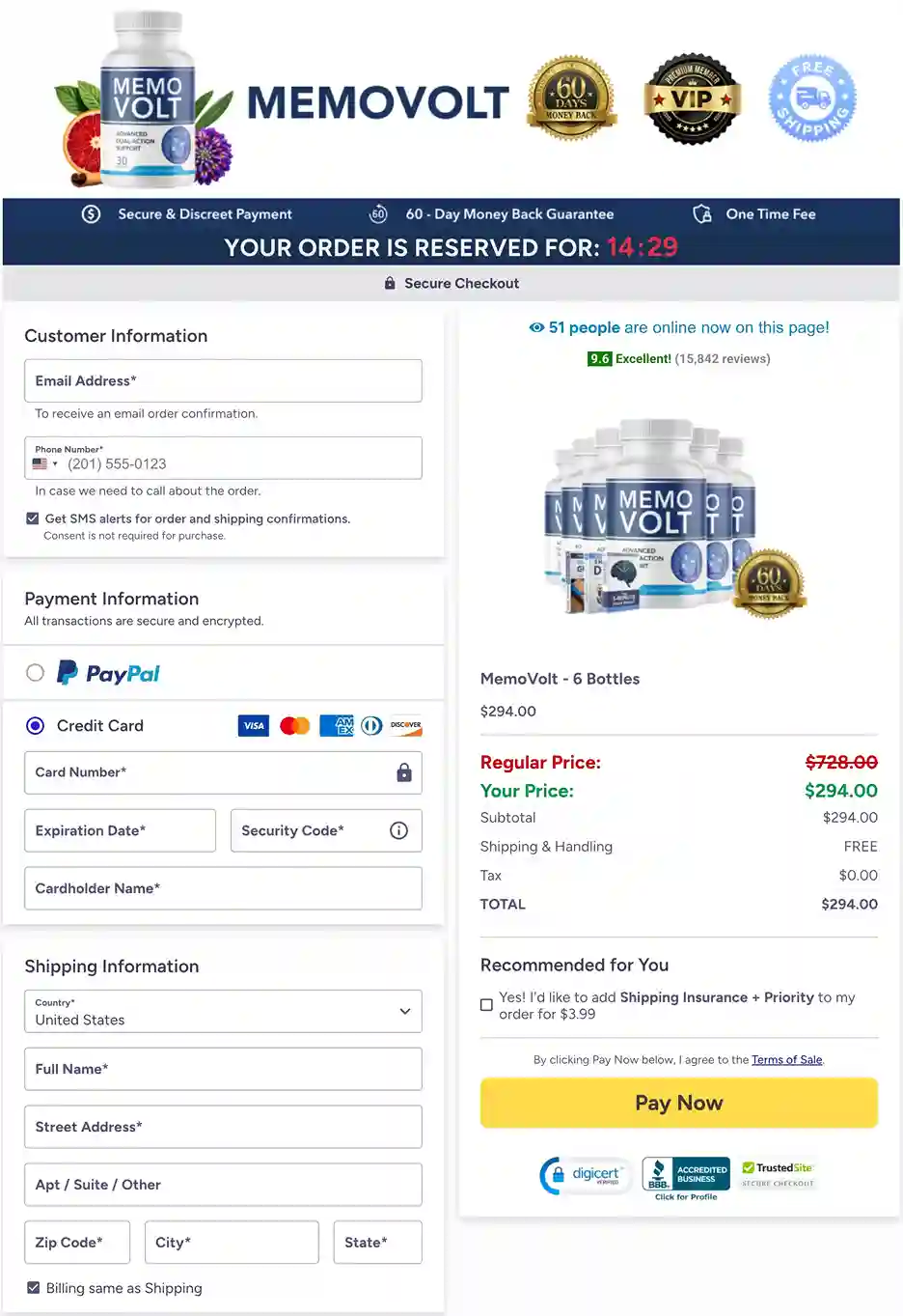 MemoVolt secure order page with payment methods