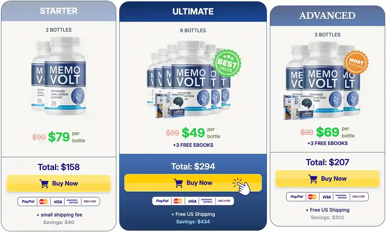 MemoVolt 2, 3 and 6 bottle pricing packages